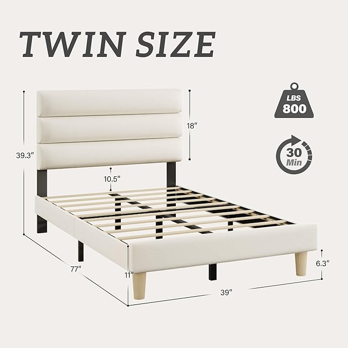Twin Bed Frame, Platform Bed Frame with Velvet Upholstered Headboard, No Box Spring Needed, Sturdy Metal Support, Noise Free, Easy Assembly, Modern Bedroom Furniture, Beige