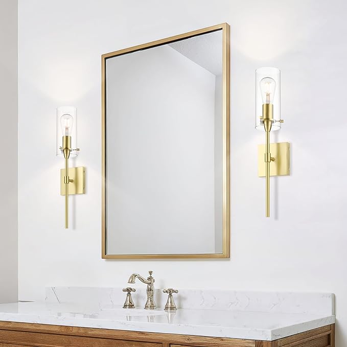 XiNBEi Lighting Brass Wall Sconce Set of 2, Modern Single Bathroom Sconces Wall Lighting Indoor Sconce Bathroom Lighting for Bedroom Vanity & Living Room