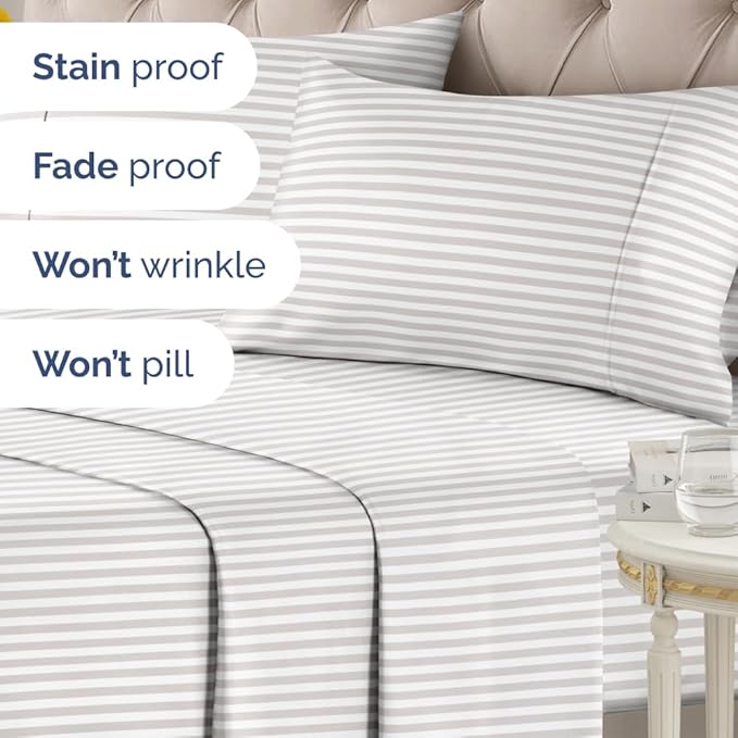 Light Grey and White Striped Sheets - 1 Flat & 1 Fitted Sheet & 2 Pillowcases w/ Deep Pockets - Wrinkle & Fade Resistant, Ultra-Soft, Breathable & Cooling - Luxury Pinstripe Bedding - King Size