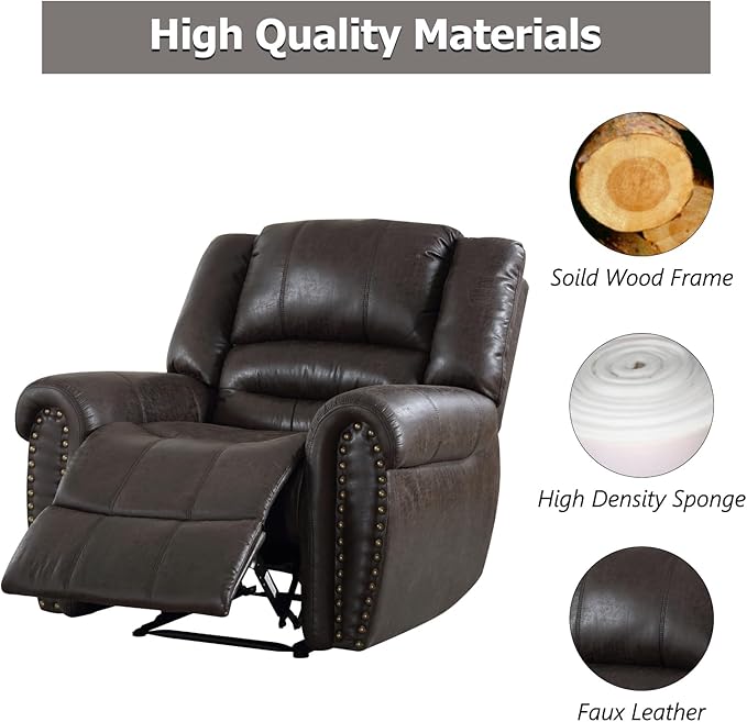 CANMOV Leather Recliner Chair, Classic and Traditional Manual Recliner Chair with Comfortable Arms and Back Single Sofa for Living Room, Dark Grey