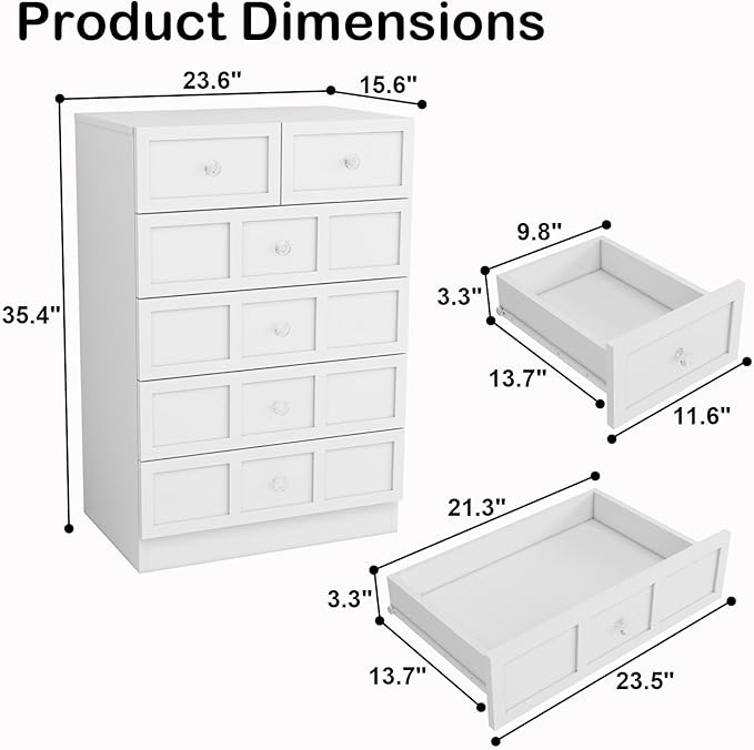 Wood Dressers for Bedroom: 24" Large White Dresser for Bedroom Deep 6 Drawers, Modern Chest of Drawers for Clothes, Fluted Double Wide Dresser with Handles