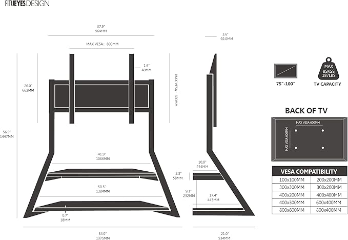 FITUEYES Design Large TV Floor Stand for 75 77 85 86 90 100 Inch TVs, Heavy Duty TV Stand Mount with Large Wood Entertainment Shelf, Modern Living Room Television Stands, Up to 187 lbs, Eiffel Series