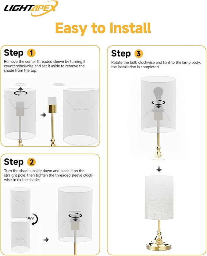 Lightapex Vintage Small Cordless Table Lamps with Stepless Dimming, Portable Rechargeable Bedside Lamps with Touch-Control for Bedroom, Living Room, and Reading, Cylinder(Brassy)