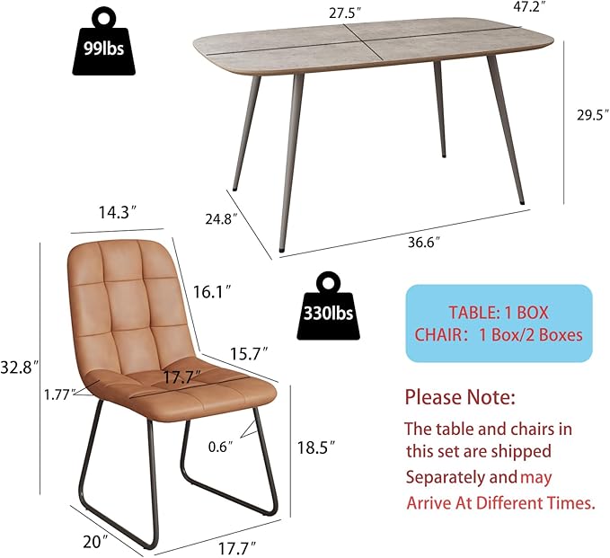 47.2'' Dining Table Set for 4,Modern Wood Dining Table,Leather Dining Chairs 4,Table and Chairs Set of 4,Ideal for Kitchen Dining Room (Gray Table + 4 U-Shaped Brown Chairs, 47.2")