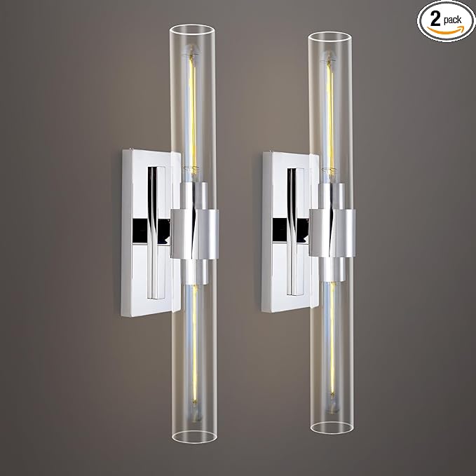 Bathroom Vanity Light Fixtures, Glass Tube Wall Sconces Set of 2, Nickel coloured base, Bathroom Wall Lights, Bedroom Bedside Wall Light, Wall Lamp For Dressing Table, Living Room, And Hallway