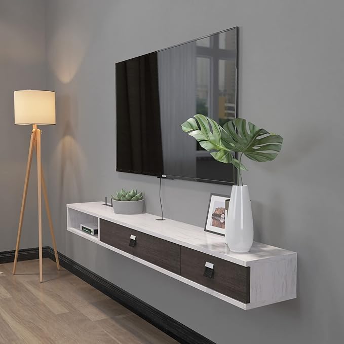 Pmnianhua Floating TV Shelf, 55'' Wall Mounted Floating TV Stand Unit Media Console Wall TV Console Cabinet Media Entertainment Shelf with 2 Doors for TVs up to 60 inch (Greyish-White)