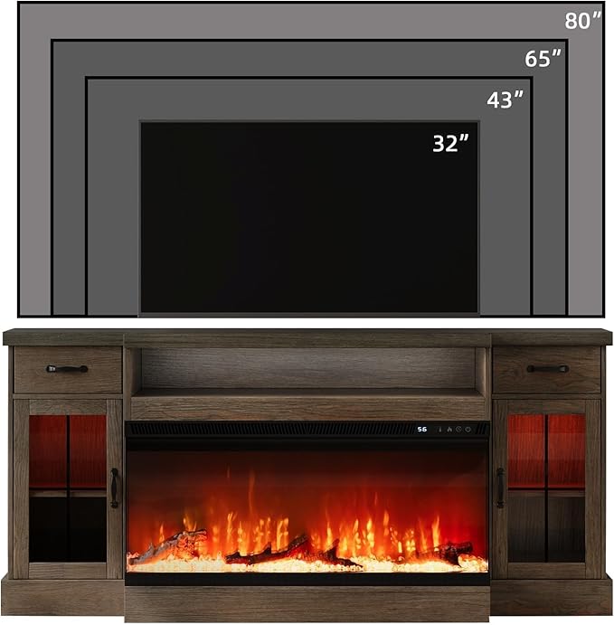 4 EVER WINNER Farmhouse Fireplace TV Stand with 40" Electric Fireplace for 80" TV, 70" Entertainment Center with Adjustable Storage Cabinets, 2 Drawers, LED Lights, TV Consoles for Living Room, Grey