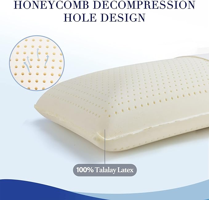 100% Natural Talalay Latex Sleeping Bed Pillow - Luxury Soft Queen Size Pillow for Side, Back, and Stomach Sleepers - Removable Breathable Cotton Cover (Queen Size)