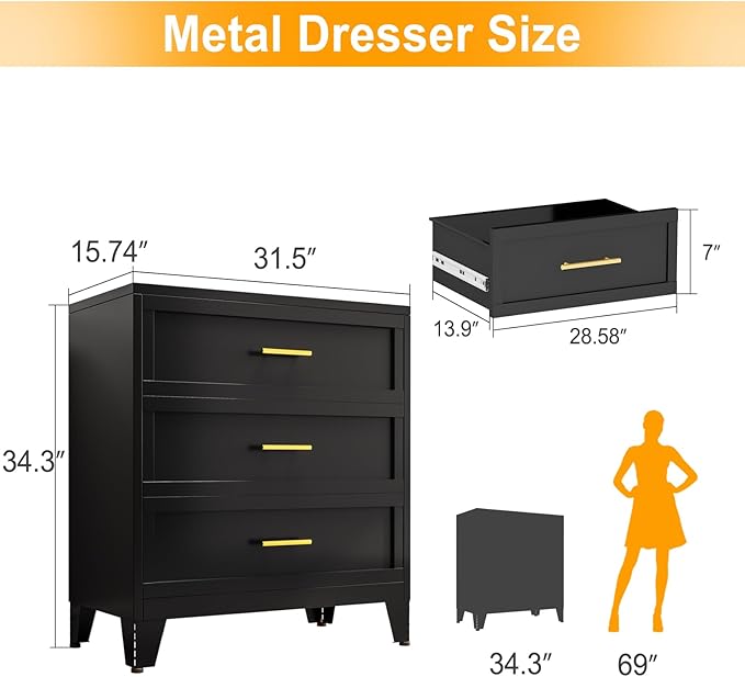 Metal Dresser for Bedroom 3 Drawers Dresser Metal Storage Dressers Organizer,34.25" H Black Drawer Chest, Closet Organizers for Living Room, Hallway, Closet