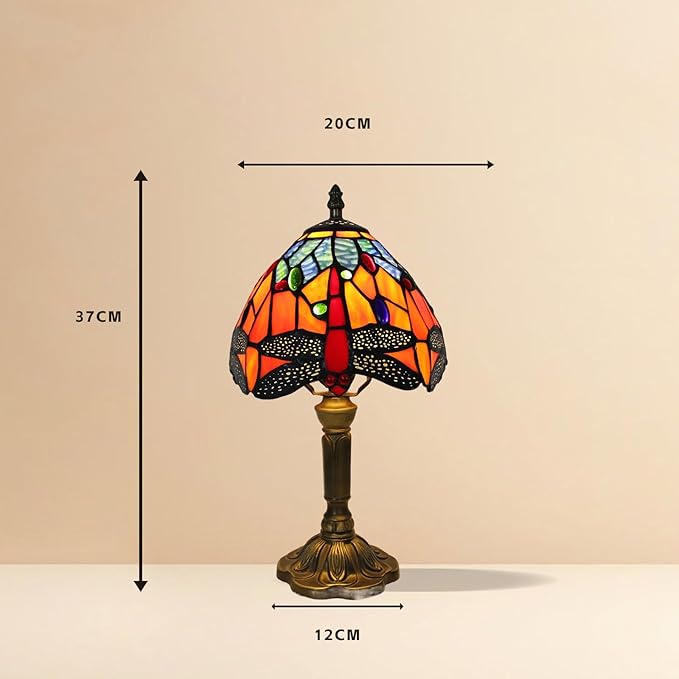 8 inch Dragonfly Tiffany Style Table lamp Vintage Small Blue Orange Stained Glass Shade Light Home livingroom Bedroom Bedside Light Desk Decor Decoration 14.6" Tall