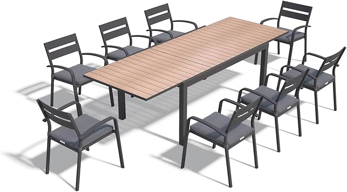 SUNSITT 9-Piece Outdoor Patio Dining Set, 63" - 105" Aluminum Expandable Outdoor Dining Table Set for 8, 8 Stackable Chairs with Gray Removable Cushions