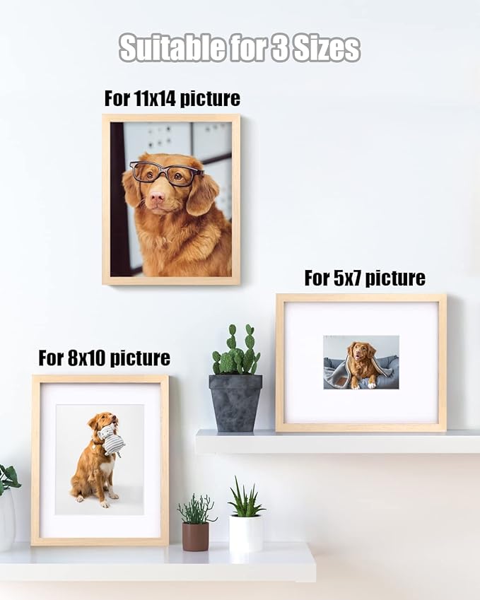 Egofine 11x14 Picture Frame Made of Solid Wood with Plexiglass, Display Pictures 5x7/8x10 with Mat or 11x14 Without Mat for Tabletop and Wall Mounting, Oak Wood