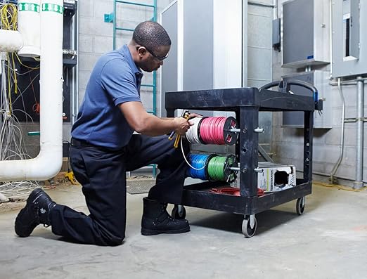 Rubbermaid Commercial Products BRUTE Heavy Duty 2-Shelf Utility/Service Cart, Medium, Lipped Shelves, Ergonomic Handle, 750 lb Capacity, Black, for Warehouse/Garage/Cleaning/Office