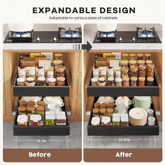 2 Pack Pull Out Cabinet Organizers 16.5" Deep With Raising Pad for Framed Cabinets,Expandable Slide Out Drawers Upgrade 3 Slide Rails,Roll Out Shelves,Adjustable Width 12.1"-20.45" Black