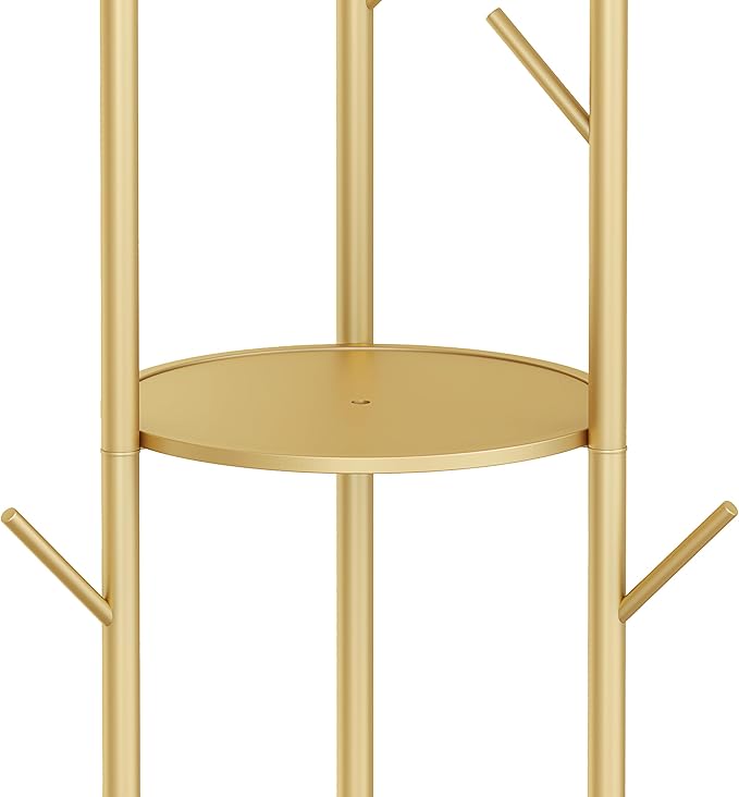 Gold Coat Rack Stand, Metal Coat Racks Tree Hanger Freestanding with 3 Storage Shelves and 9 High-grade Hooks and Stable Marble Base, for Jackets、Hat、Umbrella