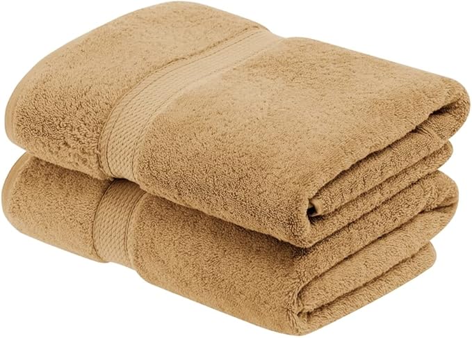 Superior Egyptian Cotton Pile Bath Towel Set of 2, Ultra Soft Luxury Towels, Thick Plush Essentials, Absorbent Heavyweight, Guest Bath, Hotel, Spa, Home Bathroom, Shower Basics, Toast