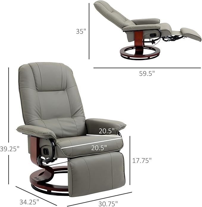 HOMCOM Faux Leather Manual Recliner, Adjustable Swivel Lounge Chair with Footrest, Armrest and Wrapped Wood Base for Living Room, Gray