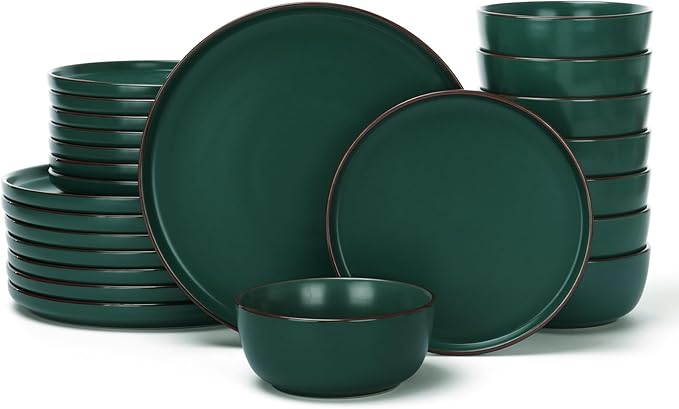 Famiware Mercury 24 Pieces Dinnerware Sets, Plates and Bowls Sets for 8, Microwave and Dishwasher Safe Dish Set, Dark Green