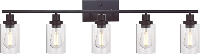 MELUCEE 5-Light Wall Light Fixtures Vanity Lights Bathroom Fixtures Oil Rubbed Bronze Finished with Clear Glass, Industrial Wall Sconce for Bedroom Hallway Kitchen (Patent No.: US D963914 S)