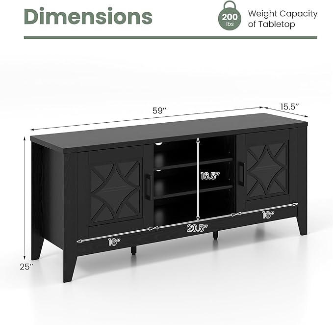 Tangkula Farmhouse TV Stand for TVs Up to 65-in, Classic Media Entertainment Center w/Glass Door Cabinets & 4 Adjustable Shelves, Modern TV Console Table w/ 3 Cable Holes for Living Room (Black)