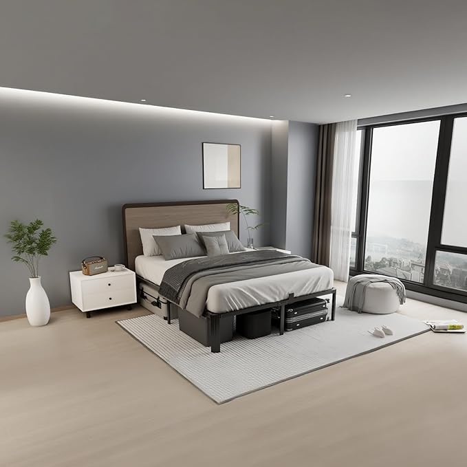 14 inch King Size Bed Frame Metal Platform No Box Spring Needed with Headboard Hole Round Corner Legs Mattress Stoppers Retainers 3500LBS Queen Bed Frames Heavy Duty Steel Slats Noise-Free