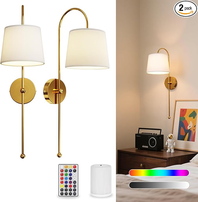 Battery Operated Wall Sconce Set of 2, Rechargeable Wireless Wall Decor Sconces, Two Battery Powered Wall Lights, Dimmable Magnetic RGB Bulbs & Remote, Lamp for Living Room Bedroom - Gold