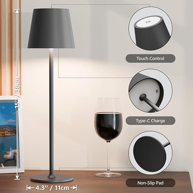 uuffoo 3 Pack Rechargeable Table Lamp Battery Operated Cordless Table Lamps with 3 Colors Stepless Dimming, Desk Night Light for Restaurant, Patio, Bedroom, Bar (Black)