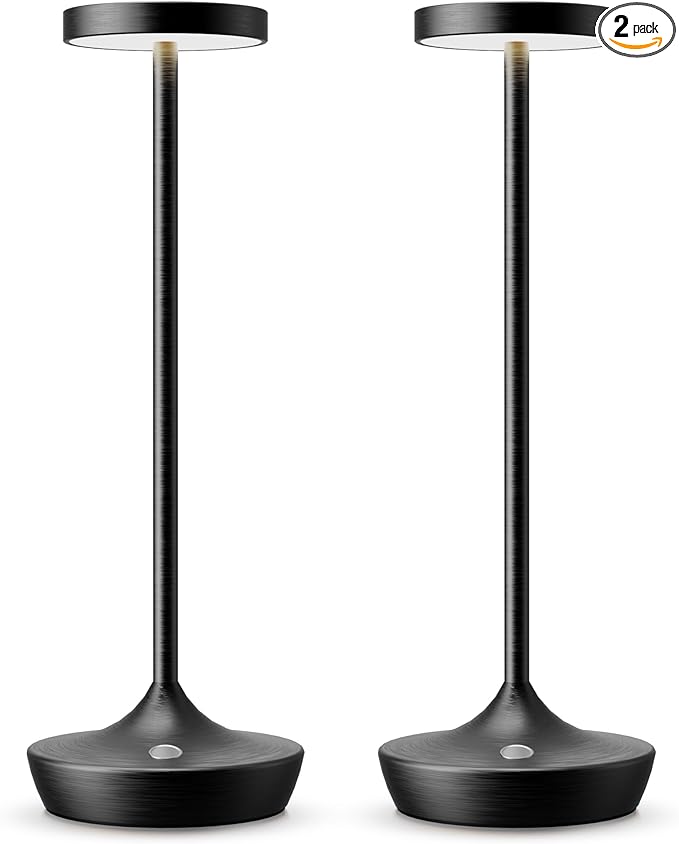 2 Pack Cordless Table Lamps, Battery Operated LED Desk Lamp, 3-Color Stepless Dimming, Portable & Waterproof, for Restaurants, Bedrooms, Bars, Outdoor Parties, Camping, and Cafes (2Pack Black)