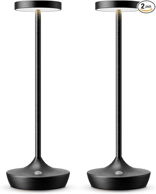 2 Pack Cordless Table Lamps, Battery Operated LED Desk Lamp, 3-Color Stepless Dimming, Portable & Waterproof, for Restaurants, Bedrooms, Bars, Outdoor Parties, Camping, and Cafes (2Pack Black)