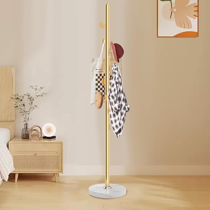 Metal Coat Rack Freestanding, Sturdy Coat Rack Stand with Natural Marble Base, Modern Golden Coat Racks Tree Hats Hanger Holder Stand for Entryway, Hallway, Bedroom