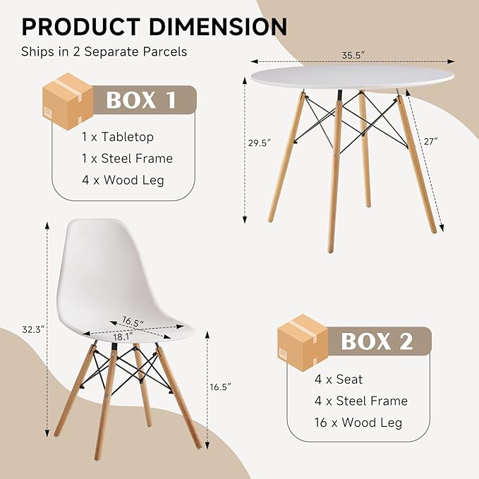 35.5'' 5 Piece Round Dining Table Set for 4, Mid-Century Modern Table with Chairs, Space Saving, Plastic Seats, Wood Legs, Circle Dinner Table for Kitchen, Home, Apartment, White
