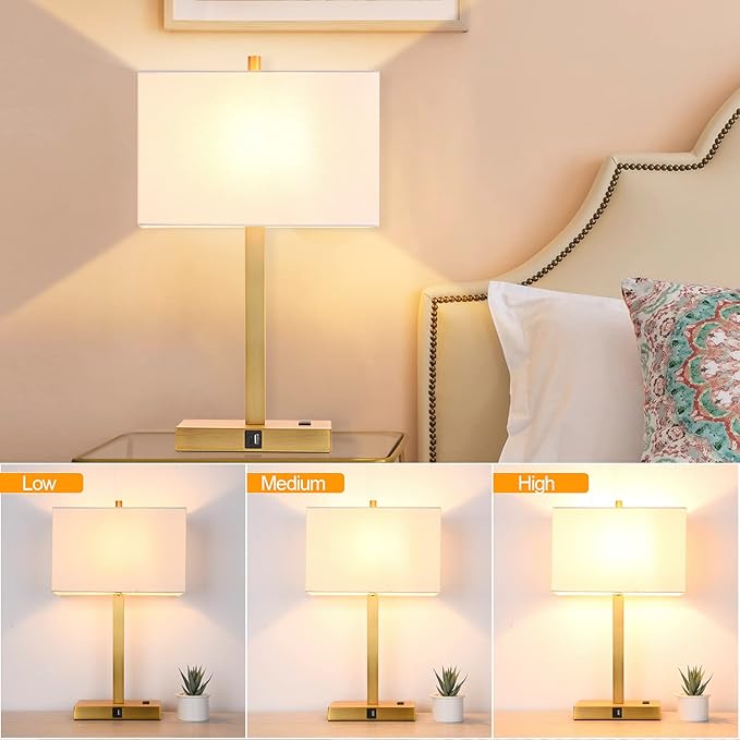 21" Touch Bedside lamps with 2 USB & AC Outlets, 3-Way Dimmable Bedside Table Lamps Set of 2 for Bedroom Living Room Office Reading, White Shade Lamps for Night Stands, 2700K LED Bulbs Included