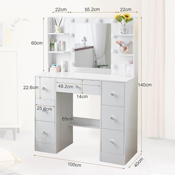 JBLCC Vanity Desk with Mirror and Lights, 39.4''W White Makeup Vanity with 3-Color Lighted Mirror, 7 Drawers & Open Shelves, Big Vanity Table for Bedroom, Girls & Women