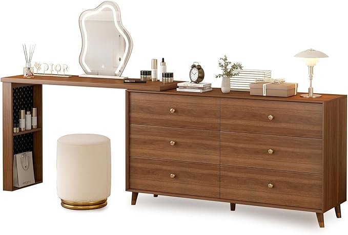 Vanity Desk with Mirror and Lights for Bedroom Furniture, Makeup Table and Chair Stool Set for Girls' Vanities,Dressing Table with A 6-Drawer Dresser and 3 Color Lighting Modes
