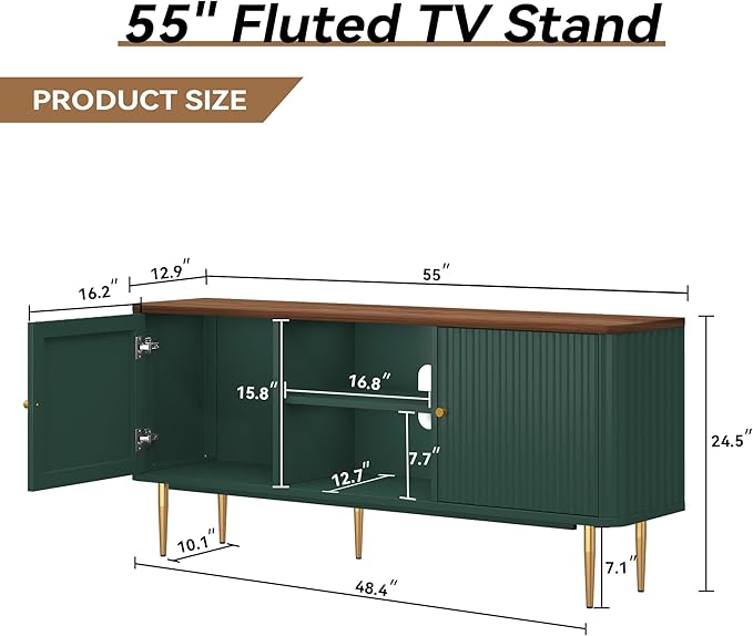 ARTPOWER 55” Fluted TV Stand, Mid Century Modern Green TV Stand for 55/60/65 inch TV, Entertainment Center with Storage, Television Stands, TV Console, Media Console for Living Room, Bedroom (Green)