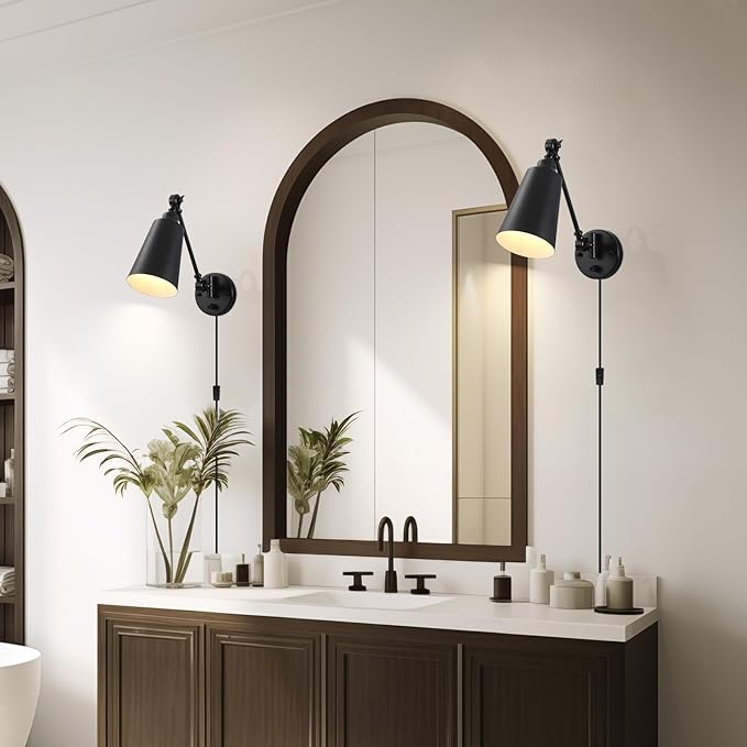 Plug in Wall Sconces Set of 2, Black Wall Mounted Lighting, Swing Arm Wall Lamp Plug in Cord Industrial Wall Light Fixtures for Bedside Bedroom Living Room Kitchen Office