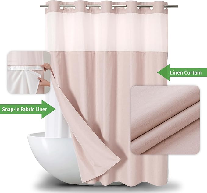 Extra Long No Hooks Needed Linen Textured Shower Curtain with Snap-in Fabric Liner Set,Blush Hotel Luxury Decor Shower Curtains for Bathroom,Waterproof & Washable,71Wx86H