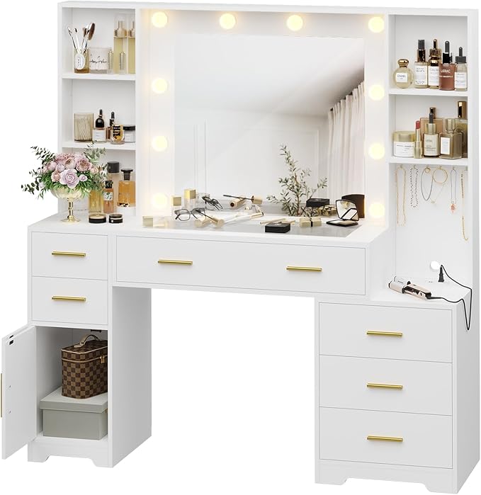 Hasuit 48.8'' Large Vanity Desk with Lighted Mirror & Power Outlet, White Makeup Vanity Table with 6 Drawers, 4 Shelves and 1 Storage Cabinet, Glass Tabletop Bedroom Dressing Table, 3 Lighting Modes