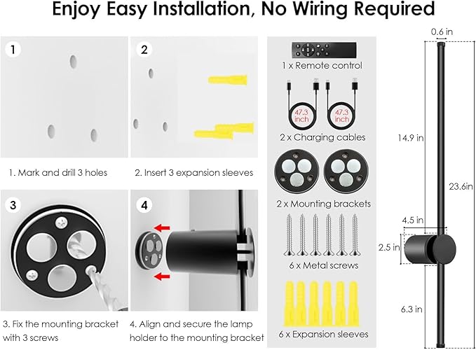 23.6 Inch Battery Operated Wall Sconces Set of Two, 12000mAh Rechargeable Wall Sconce with Remote Control, Dimmable LED Wireless Wall Lights for Bedroom, Living Room, 15 Colors, 180° Rotate, Black