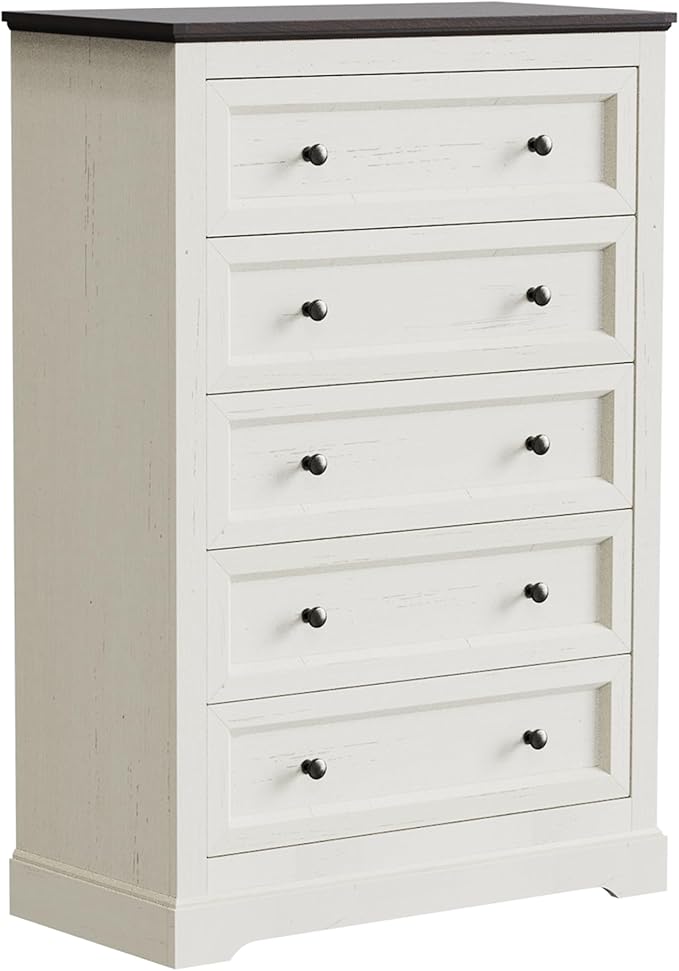 Farmhouse Dresser 5 Drawer, Bedroom Chest of Drawers, Dressers with 5 Drawers, Wooden Dressers for Bedroom, Living Room, Tv Stand, Entryway (Off White-5 Drawers)
