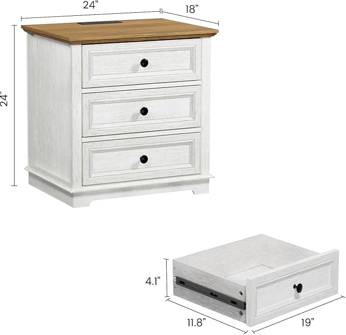 3 Drawer Dresser, Chest of Drawers with Charging Station, 24” Wide End Table with 3 Drawers, Modern Bedside Table with Storage, Wooden Small Dresser. (White)