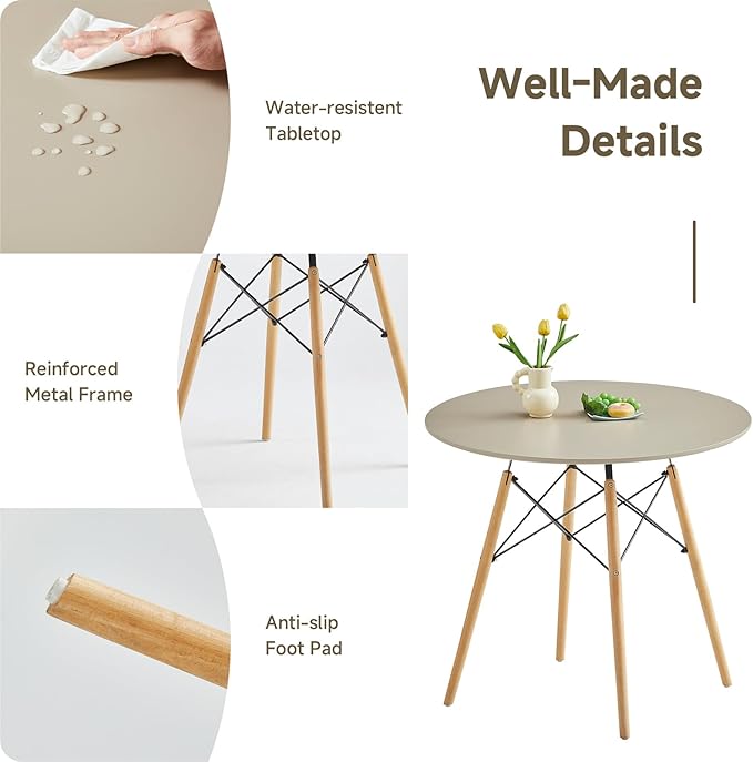 Round Dining Table Set for 4 35.5" Wood Dinner Table Circle Dining Table Kitchen Table Chairs Set of 4 with Wood Strip Base for Kitchen Living Room Space Saving Apartment(Beige)