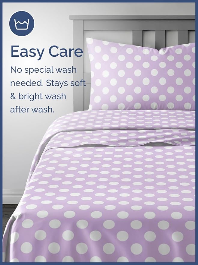 Kids Purple Dots Full 4 Piece Sheet Set - Boys, Girls, Teens, Toddler - Easy Fit Deep Pockets - Breathable, Hotel Quality Sheets - Machine Washable - Wrinkle Free - Cute, Cozy, Soft - CGK Linens