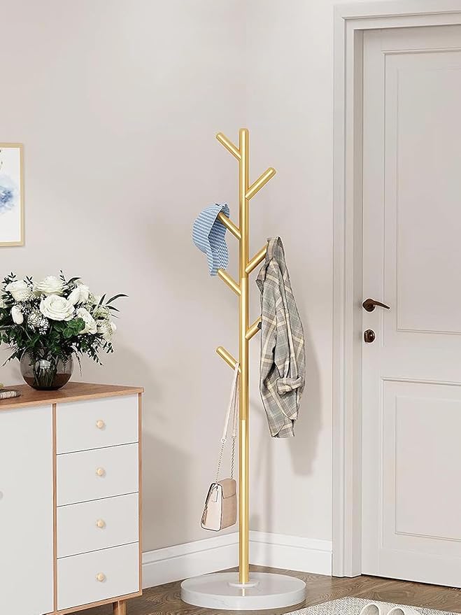Freestanding Coat Rack with Natural Marble Base, 7 Heavy-Duty Hooks, Adjustable Height for Bedroom/Office/Hallway (Gold)