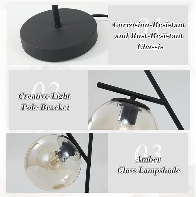Mid Century Table Lamp Vintage Bedroom Desk Lamp Black Nightstand Lamp Contemporary Clear Glass Globe Bedside Lamp for Office Study Room