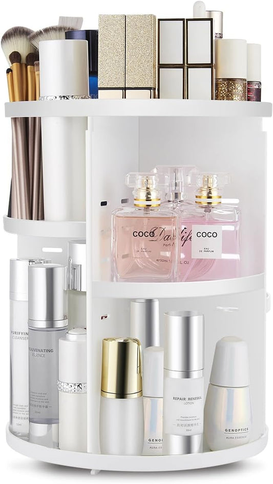 360 Rotating Makeup Organizer,DIY Adjustable Spinning Holder,Foldable Cosmetic Storage Display box,Large Capacity Make up Caddy Shelf,Fits Countertop Vanity and Bathroom (WHITE)