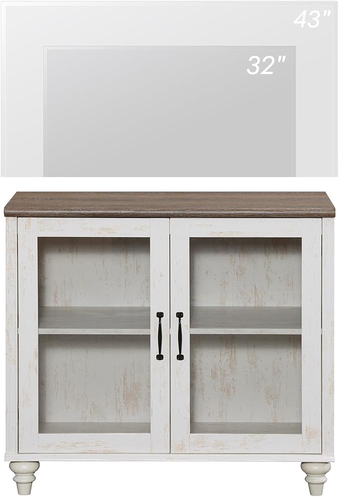 WAMPAT Farmhouse TV Stand for TVs Up to 43 inch, Glass Wood Universal TV Stand with a Large Storage Cabinets, Entertainment Center, TV Console Table for Living Room, Bedroom, Rustic White