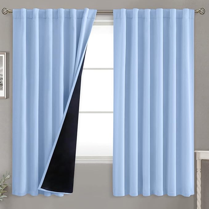 BGment Full Blackout Curtains with Thermal Insulation Liner Curtains 63 Inches Long, Rod Pocket and Back Tab Double Layer Room Darkening Window Curtain for Bedroom(52 x 63 Inch, 2 Panels, Light Blue)