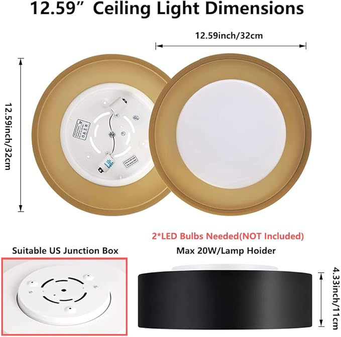 Modern Flush Mount Ceiling Light,Minimalist Close to Ceiling Lighting Fixture,Black and Gold Circular Ceiling lamp for Bedroom,Dining Room,Entry,Hallway,Balcony, Bathroom (12.5'')
