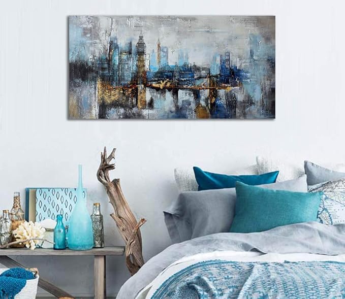 Pogusmavi Large Wall Art for Bedroom Abstract City View Canvas Art Modern Home Decor Gray Blue Buildings Prints for Bedroom Wall Art Office Artwork Wall Decor for Living Room Decor 24x48 inches
